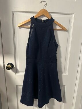 Woman Navy Sparkle Halter Fit-and-Flare Dress